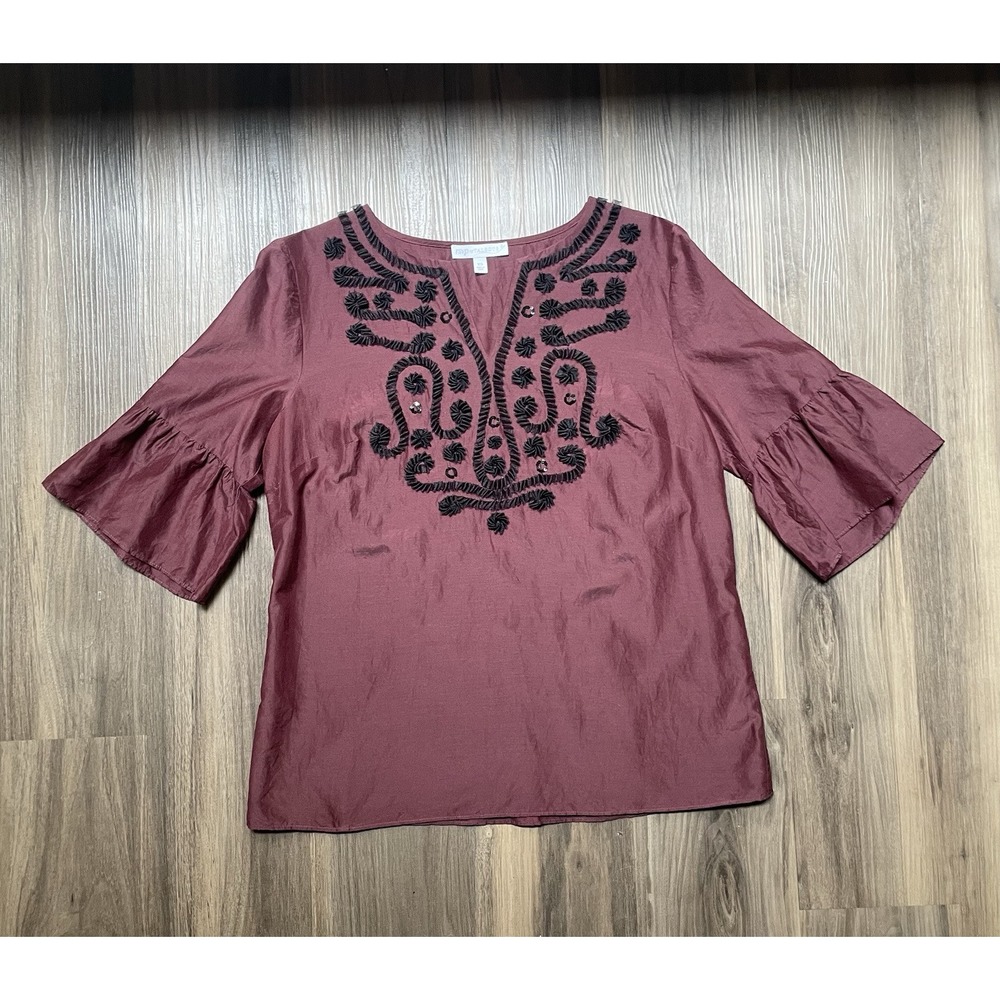 RSVP by Talbots Blouse Womens XS Burgundy Silk Blend Embroidered Bell Sleeve Top